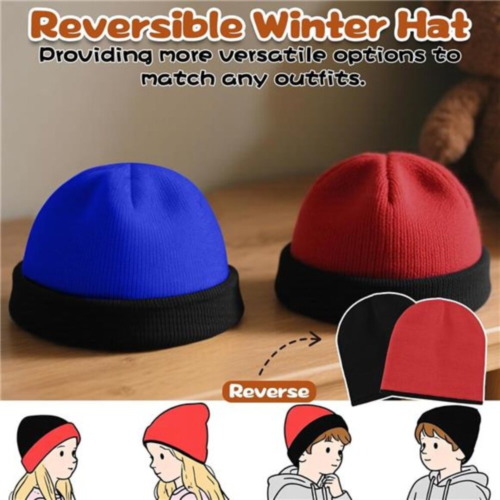 2 Pack Kids Knit Beanie Boys Girls Beanies- Kids Winter Reversible Beanie Hats - Picture 4 of 5